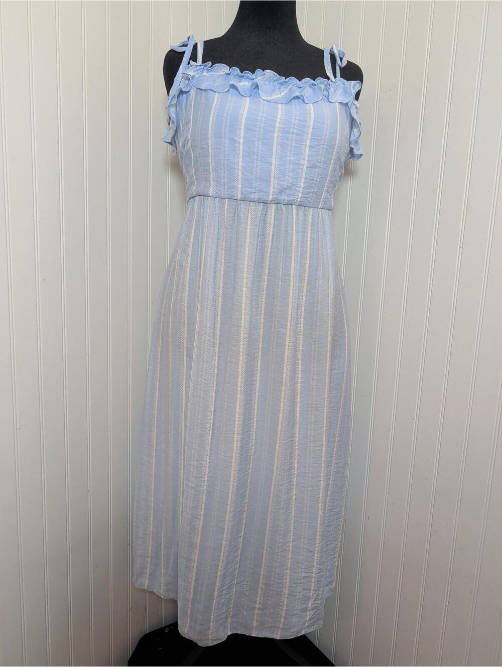 BCBG Paris Light Blue Striped Midi Dress with Ruffle Detail Size L